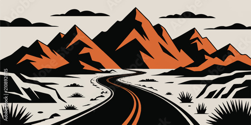 Vast desert highway winding toward distant orange mountain range under dark clouds with minimalist landscape elements and bushes.