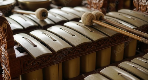 Traditional Indonesian Gamelan Saron Instrument with Mallets.