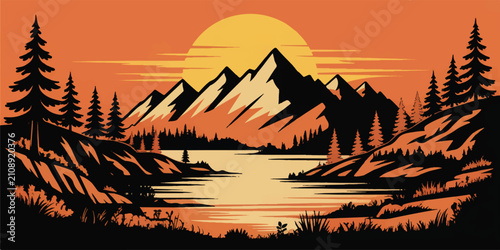 Majestic mountain landscape sunset, serene lake water, silhouette pine trees, vast wilderness, twilight natural scene, orange sky.