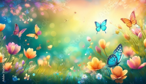 abstract nature spring background with spring flowers and butterflies