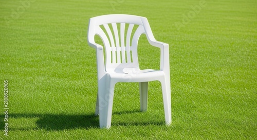 Single White Plastic Chair Standing on a Vibrant Green Grass Field.