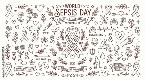Canvastavla World Sepsis Day Doodle Illustrations with Ribbons, Flowers, and Medical Symbols