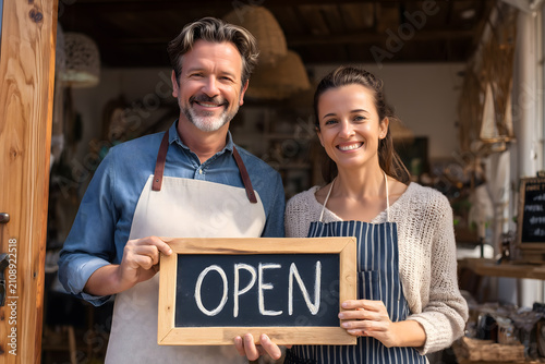 Business owner holding Open Sign. Man and woman opening their store. Small business concept