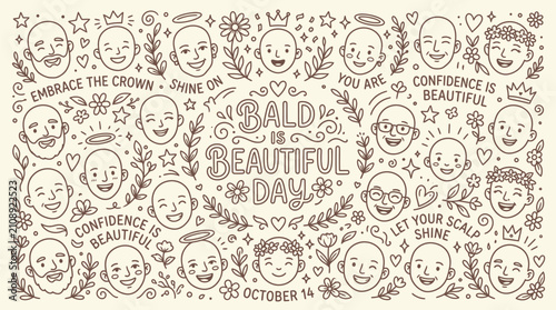 Fotografía Bald is Beautiful Day illustration celebrating diversity and confidence with smiling bald heads and positive affirmations