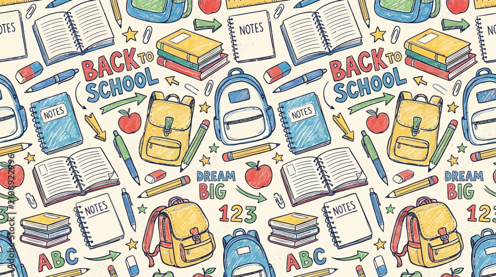 Fototapeta premium Seamless Pattern: Back to School Supplies - Backpacks, Books, Pencils, Apples