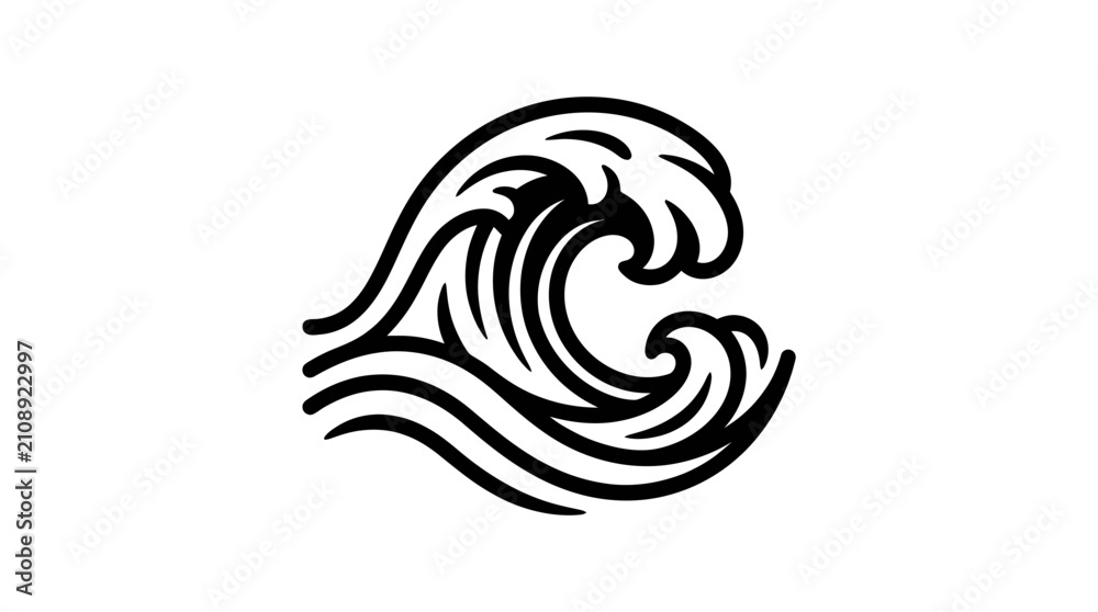 Fototapeta premium Crashing sea wave outline illustration.