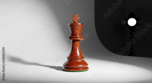 Single wooden chess king piece casting a long shadow on a white surface with dramatic lighting.