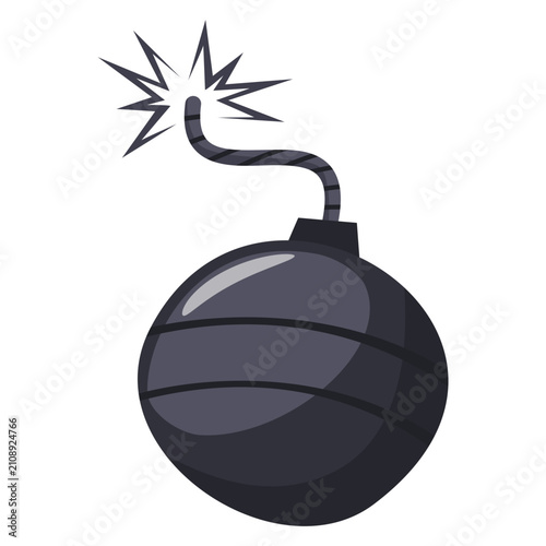 Cartoon Black Spherical Bomb with Burning Fuse and Spark Illustration