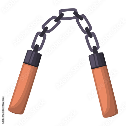 Traditional martial arts nunchaku with wooden handles and metal chain isolated on white