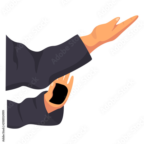 Human hands in black sleeves gesturing presentation and showing direction