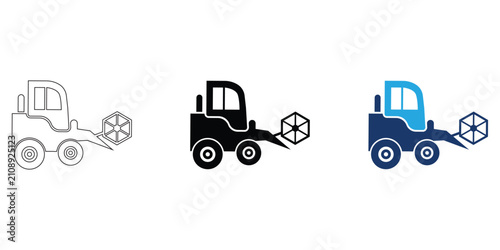 Three variations of a stylized agricultural tractor icon set on white background