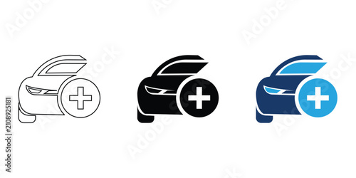 Three variations of a car icon featuring a plus sign symbol overlay