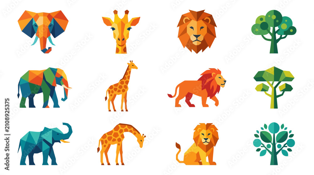 Obraz premium Low poly African animal and tree vector set featuring geometric elephant, giraffe, lion, and trees isolated on white background