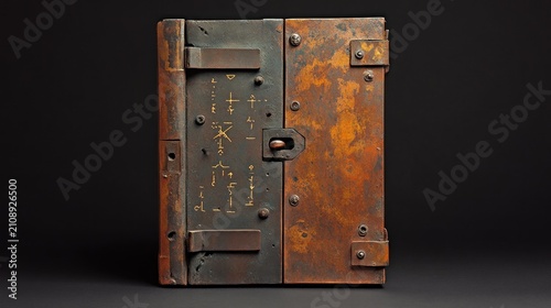 Aged metal door with lock close up view