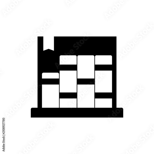 Bookshelf glyph icon. Vector solid silhouette illustration of books on a library shelf with a bookmark tab for education, reading study, bookstore, and e-learning app web ui.