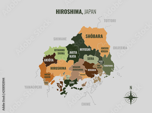 Hiroshima Japan Prefacture into Subprefacture in a minimalist colorful style map showing