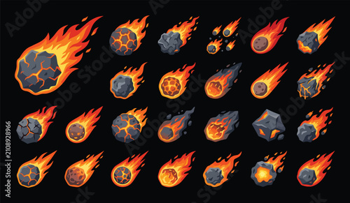 Quadro su tela A collection of cartoon meteorites and glowing comets with fiery trails on a dar