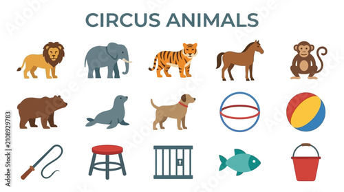 Canvas Print Flat collection of circus animals and performance props
