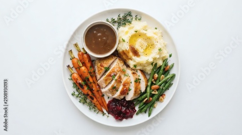 Top Down Food Photography Sliced Herb Roasted Chicken Round White Plate Potatoes

