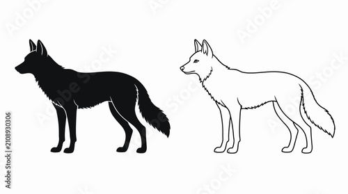 Coyote silhouette and line art set, minimalist animal vector design