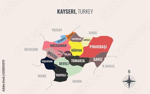 Kayseri Turkey Province into District in a minimalist colorful style map showing