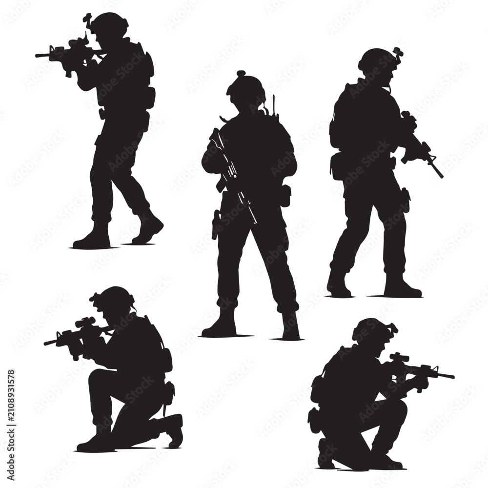 Fototapeta premium silhouettes of modern soldiers in vorious pose vector design