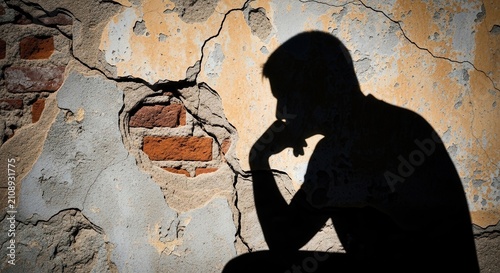 Silhouette of a pensive man against a weathered cracked brick wall.