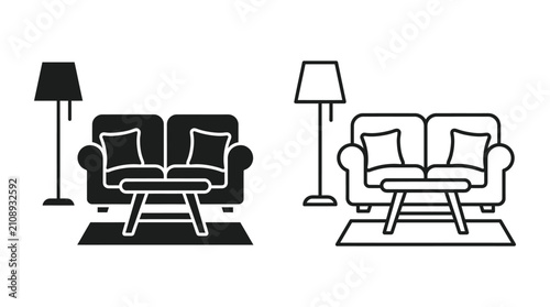 Bild auf Leinwand Sofa And Floor Lamp Black Silhouette And Line Art Icon Set