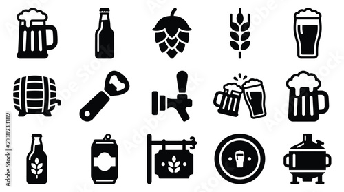 Fotografía Collection of black and white icons representing various elements related to beer and brewing