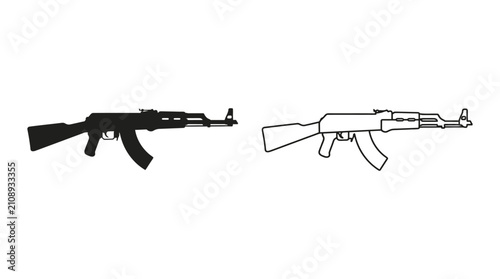 Photos Assault rifle silhouettes and line art on a white background