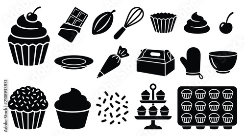 Tableau sur toile Collection of baking and dessert icons including cupcakes, chocolate, and baking tools