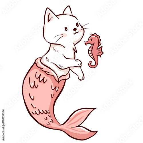 Cute Cat Mermaid with Seahorse in a Whimsical Underwater Scene