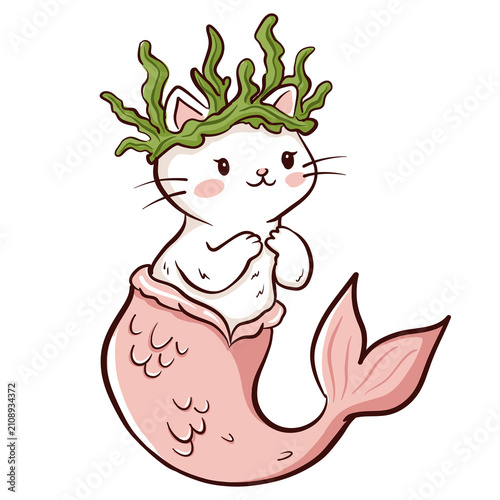 Adorable Cat Mermaid with Seaweed Crown in Whimsical Style