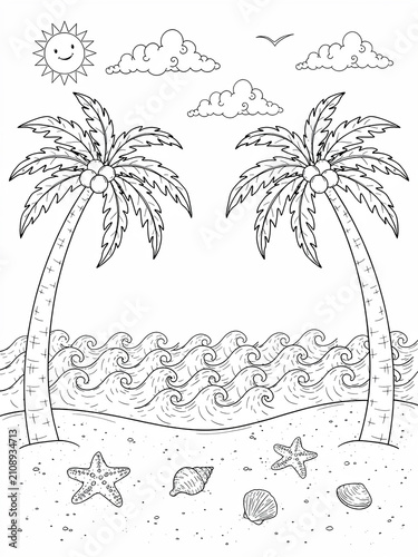 Tropical beach scene with palm trees and starfish