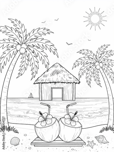 Tropical hut with coconut drinks under palm trees