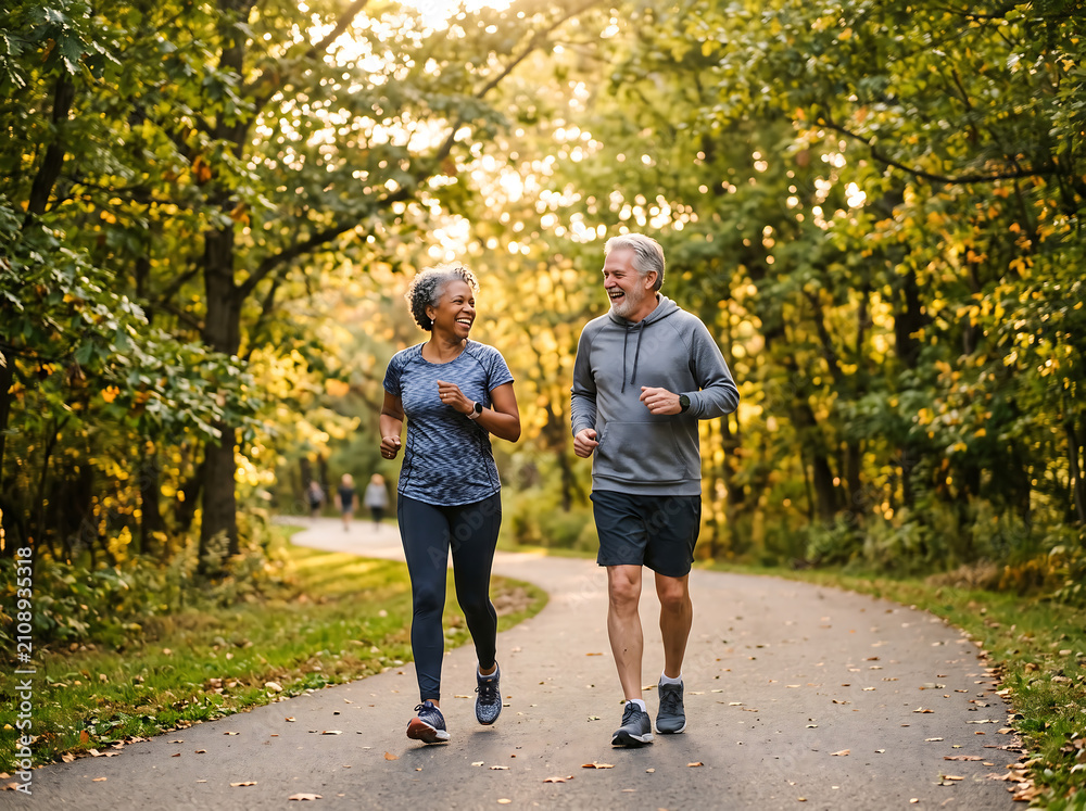 Obraz premium Cheerful senior man and woman exercising together for healthy aging concept