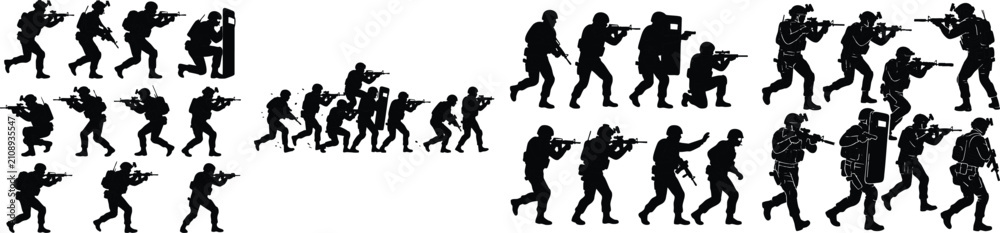 Fototapeta premium A collection of eight special forces silhouettes shown running, aiming rifles, holding a ballistic shield, and moving tactically in a clean flat , vector isolated on white