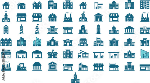 Fotografie Architecture and city building glyph icon set featuring houses skyscrapers facto