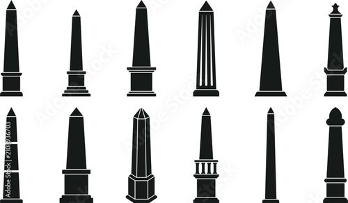 Fotografija Ancient egyptian obelisk monument black silhouette collection with stone pillar