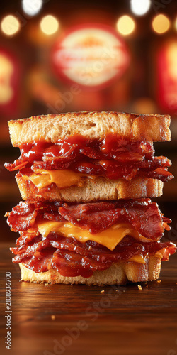 Delicious Layered Sandwich with Bacon and Cheese on Toasted Bread