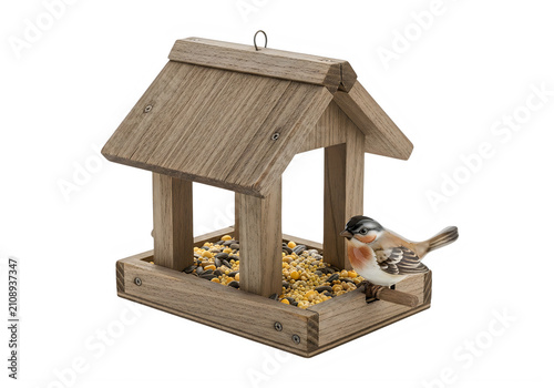 Rustic wooden bird feeder with small songbird perched on the edge, natural cedar wood birdhouse filled with mixed seeds and grains, traditional garden bird sanctuary isolated on white