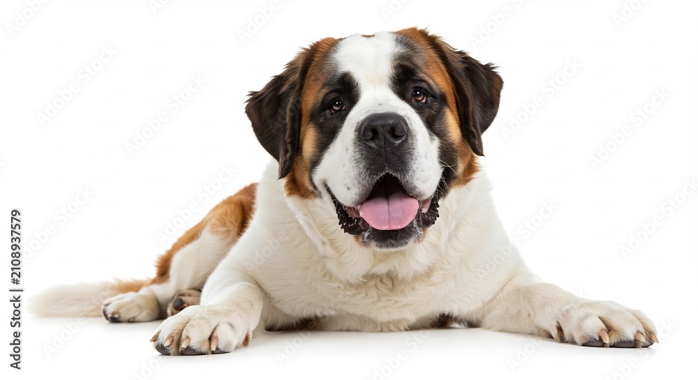 Obraz premium A Gentle Giant: A happy and friendly Saint Bernard dog lies on a white background, panting with its tongue out, looking directly at the camera.