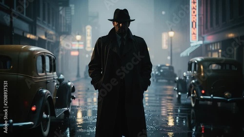 Mysterious man in vintage trench coat and hat walking on rainy noir city street at night