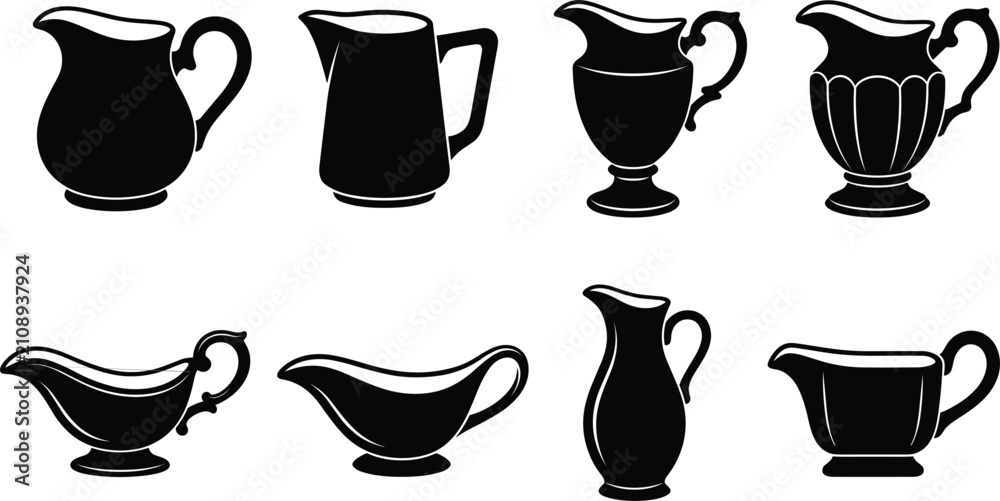 Fototapeta premium Ceramic milk pitcher and gravy boat silhouette icon collection with classic vintage and modern creamer jug shapes