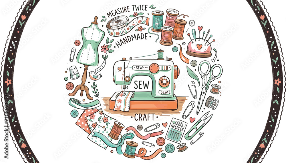 Fototapeta premium Charming hand drawn round sewing emblem with colorful machine mannequin measuring tape buttons scissors and floral border frames