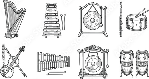 Konstfotografi Classical orchestra and ethnic percussion musical instruments hand drawn collect