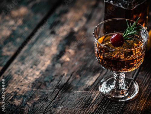 Exquisite Cocktail in Elegant Glass with Cherry and Rosemary Garnish