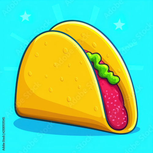 Colorful Taco with Salsa and Lettuce on Bright Blue Background