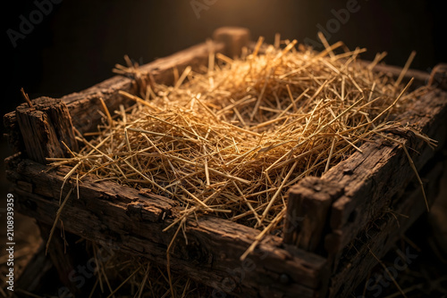 A Humble Manger: A close-up view of an empty, rustic manger filled with straw, bathed in a soft, warm light, evoking themes of peace and anticipation.