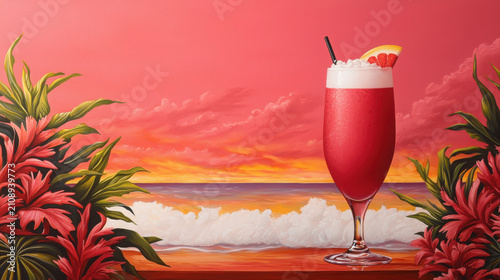 Refreshing Tropical Cocktail with Sunset Background and Vibrant Flora